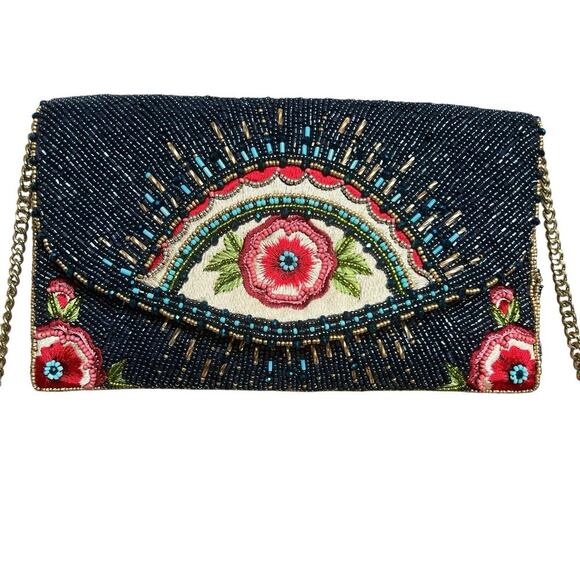 Mary Frances Blue Beaded Mystic Flap Crossbody Bag Gold Chain Crossbody - Picture 2 of 16